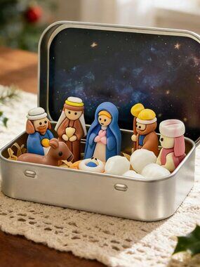 Miniature Nativity set in a tin. NEW Perfect for stocking gifts.